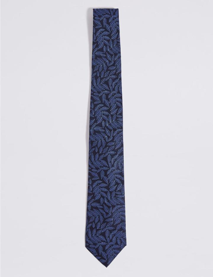 Marks & Spencer Pure Silk Leaf Tie Navy Mix