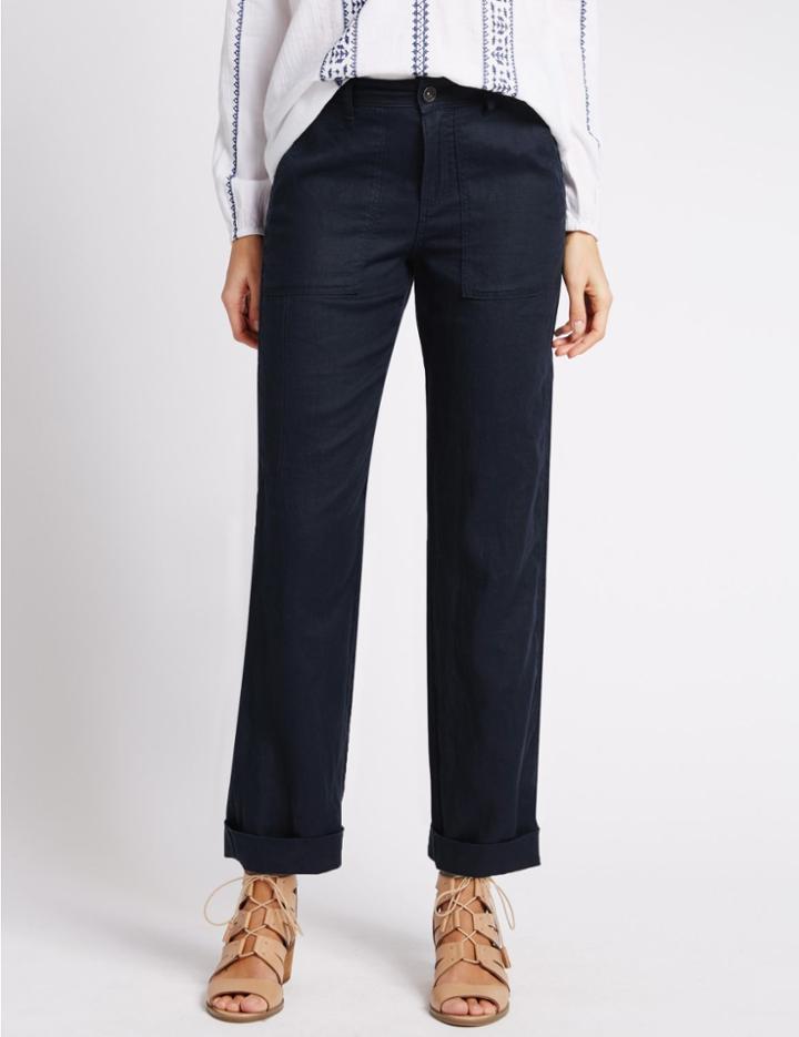 Marks & Spencer Pure Linen Straight Leg Trousers Navy