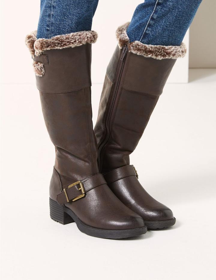 Marks & Spencer Faux Fur Buckle Knee Boots Chocolate