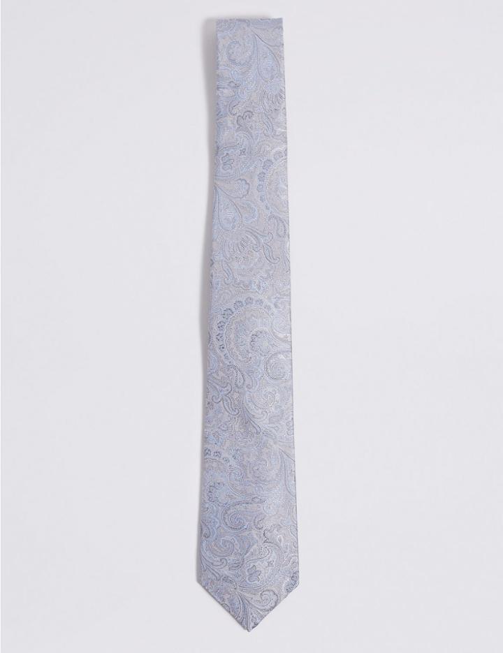 Marks & Spencer Pure Silk Floral Tie Light Grey Mix