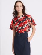 Marks & Spencer Printed Round Neck Petal Sleeve T-shirt Red Mix