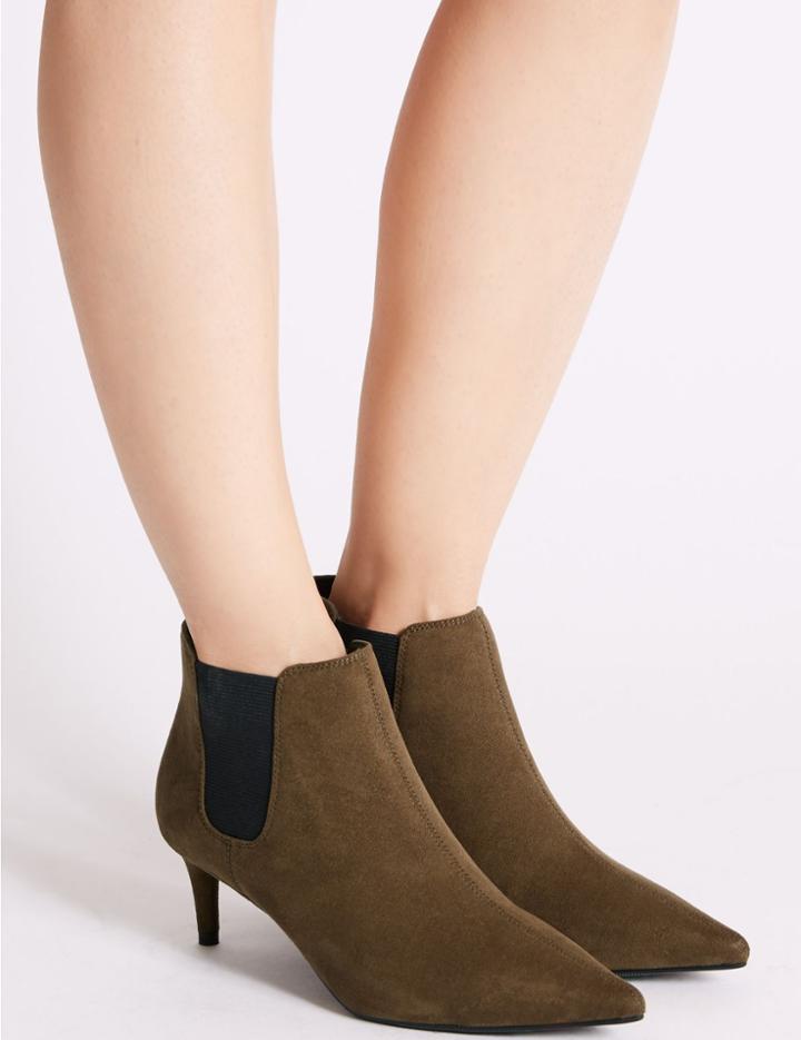 Marks & Spencer Kitten Heel Pointed Toe Ankle Boots Khaki