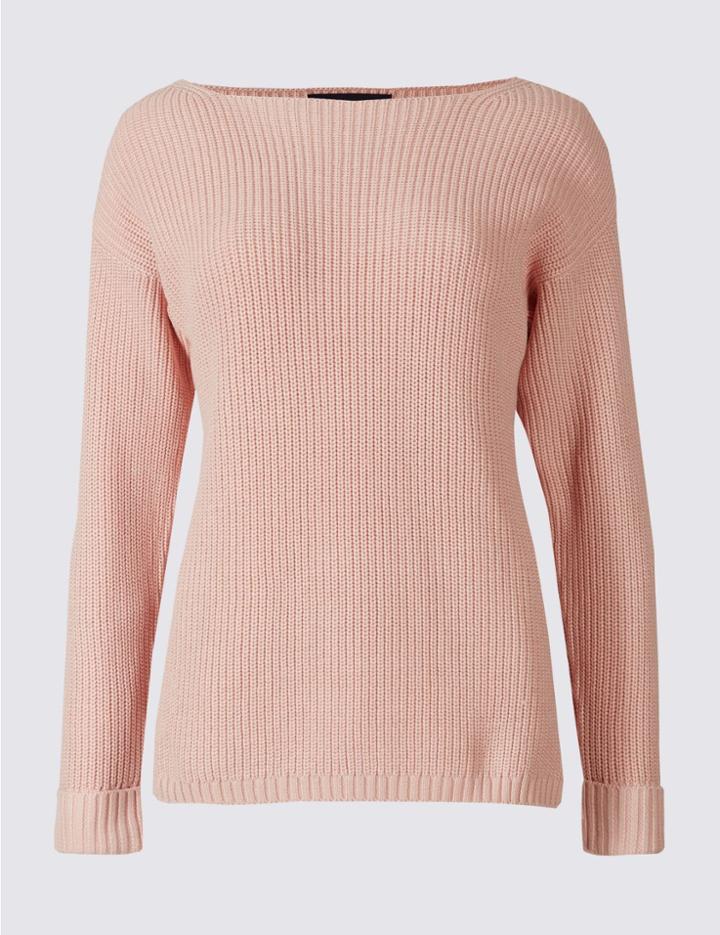 Marks & Spencer Pure Cotton Ribbed Turn Up Jumper Blush Pink