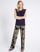 Marks & Spencer Leaf Print Wide Leg Trousers Navy Mix