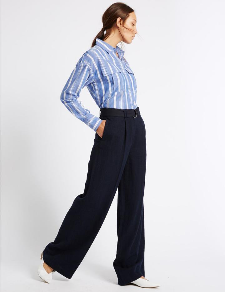 Marks & Spencer Linen Rich Wide Leg Trousers Navy
