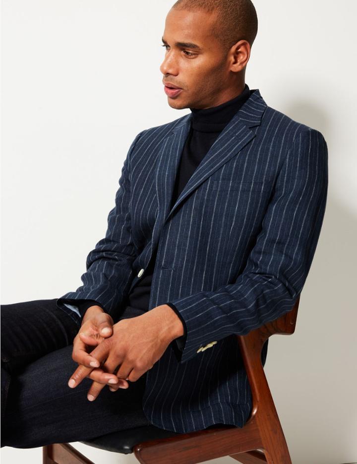 Marks & Spencer Pure Linen Striped Tailored Fit Jacket Indigo