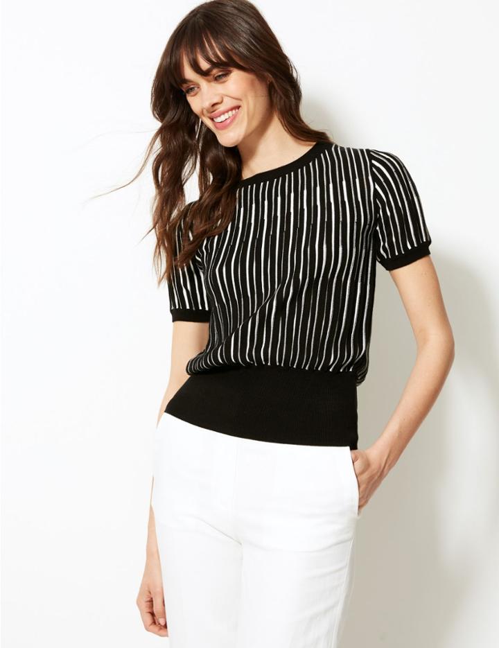 Marks & Spencer Striped Round Neck Short Sleeve Knitted Top Black Mix