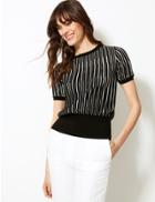 Marks & Spencer Striped Round Neck Short Sleeve Knitted Top Black Mix