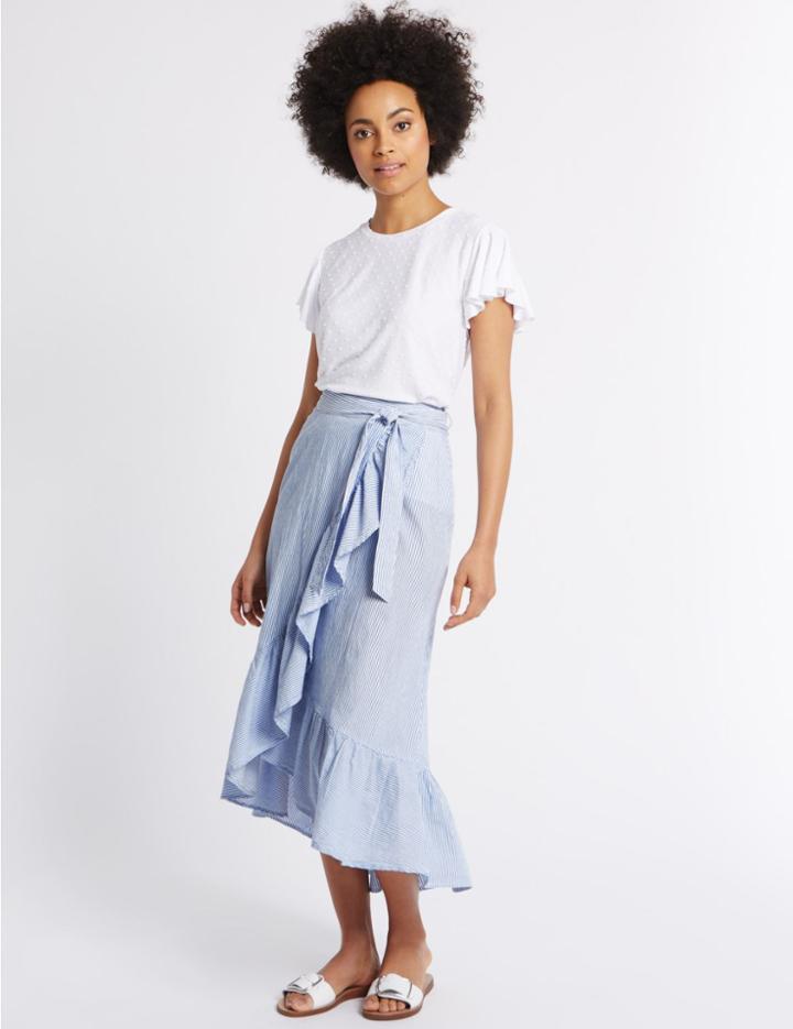Marks & Spencer Pure Cotton Wrap Ruffle Striped Midi Skirt Blue Mix