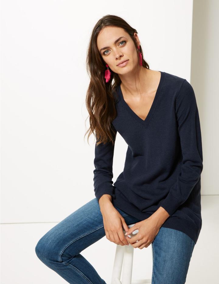 Marks & Spencer Cashmilon&trade; Textured V-neck Tunic Jumper Navy