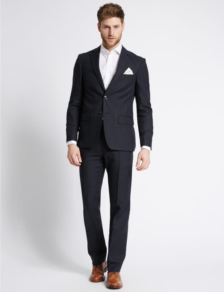 Marks & Spencer Linen Rich Single Breasted 2 Button Jacket Navy