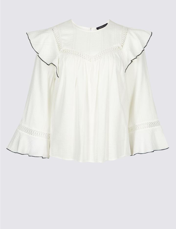 Marks & Spencer Lace Insert Round Neck Long Sleeve Blouse Soft White