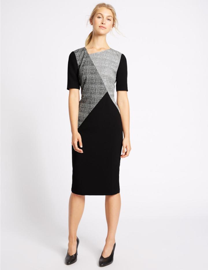 Marks & Spencer Checked Short Sleeve Shift Midi Dress Black Mix