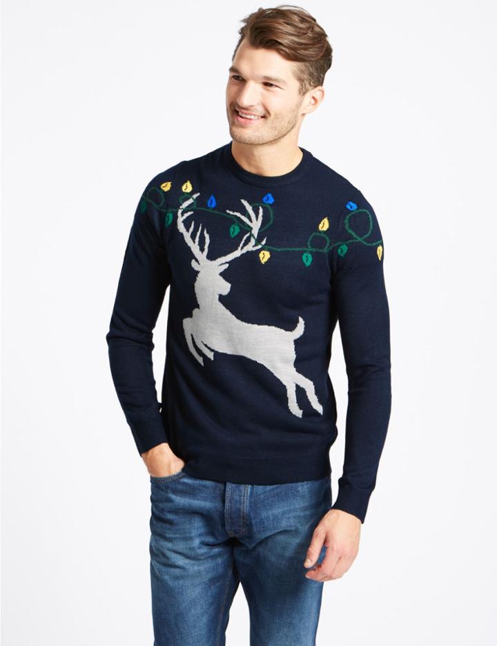 Marks & Spencer Stag & Lights Crew Neck Jumper Navy Mix