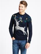 Marks & Spencer Stag & Lights Crew Neck Jumper Navy Mix