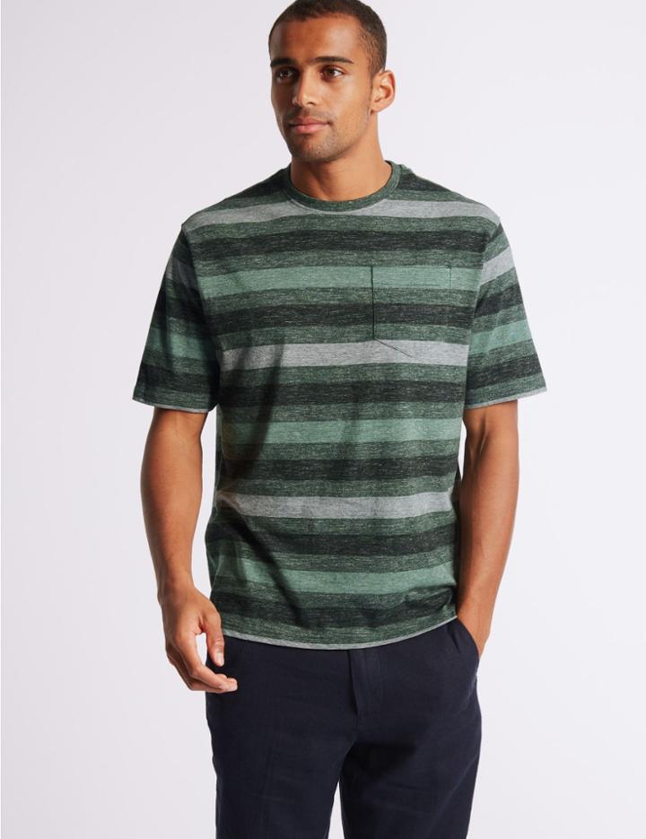 Marks & Spencer Pure Cotton Striped Crew Neck T-shirt Forest Green