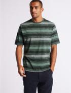 Marks & Spencer Pure Cotton Striped Crew Neck T-shirt Forest Green