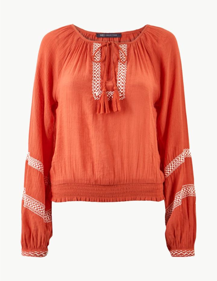 Marks & Spencer Embroidered Round Neck Long Sleeve Blouse Bright Orange