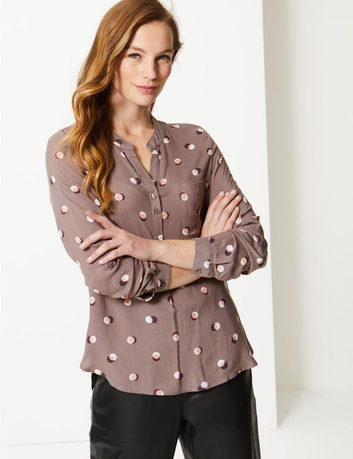 Marks & Spencer Printed Notch Neck Long Sleeve Blouse Grey Mix