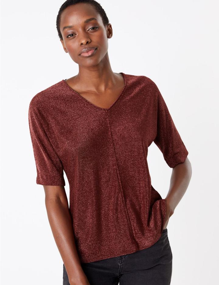 Marks & Spencer Metallic V-neck Short Sleeve Top Claret