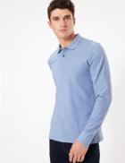 Marks & Spencer Cotton Long Sleeve Polo Shirt Pale Blue Mix