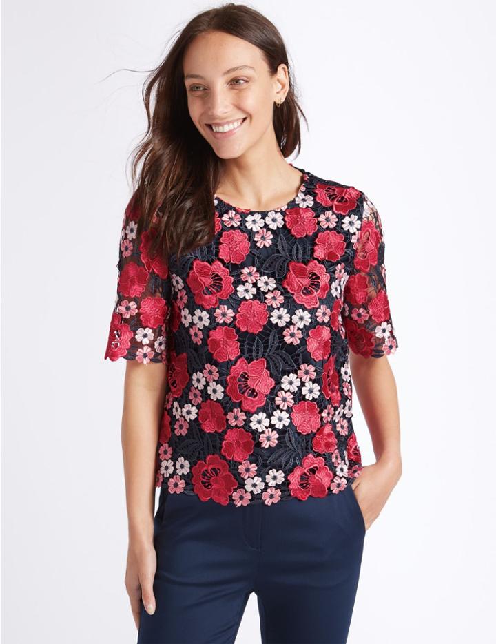 Marks & Spencer Embroidered Round Neck Half Sleeve Blouse Pink Mix