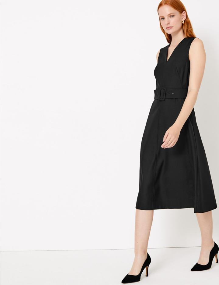 Marks & Spencer Wool Blend Belted Fit & Flare Midi Dress Black