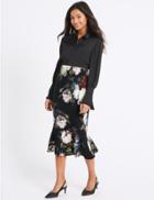 Marks & Spencer Floral Print Fishtail Midi Skirt Black Mix