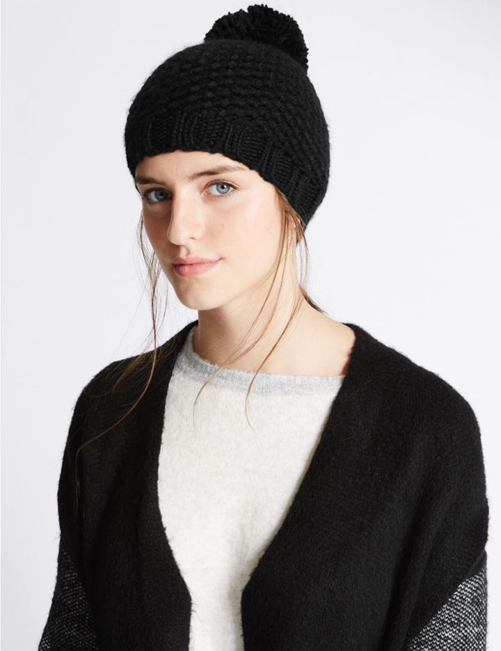 Marks & Spencer Textured Bobble Winter Hat Black