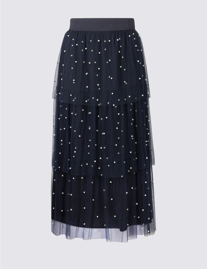 Marks & Spencer Tiered Mesh Pearl A-line Midi Skirt Navy