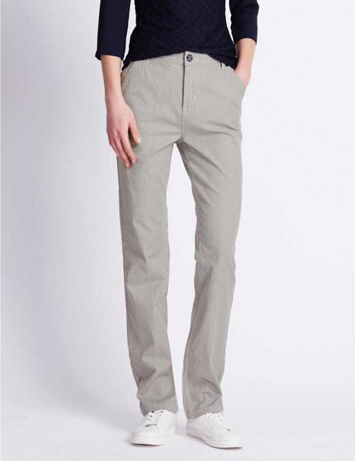 Marks & Spencer Roma Rise Cotton Rich Straight Leg Striped Trousers Navy Mix