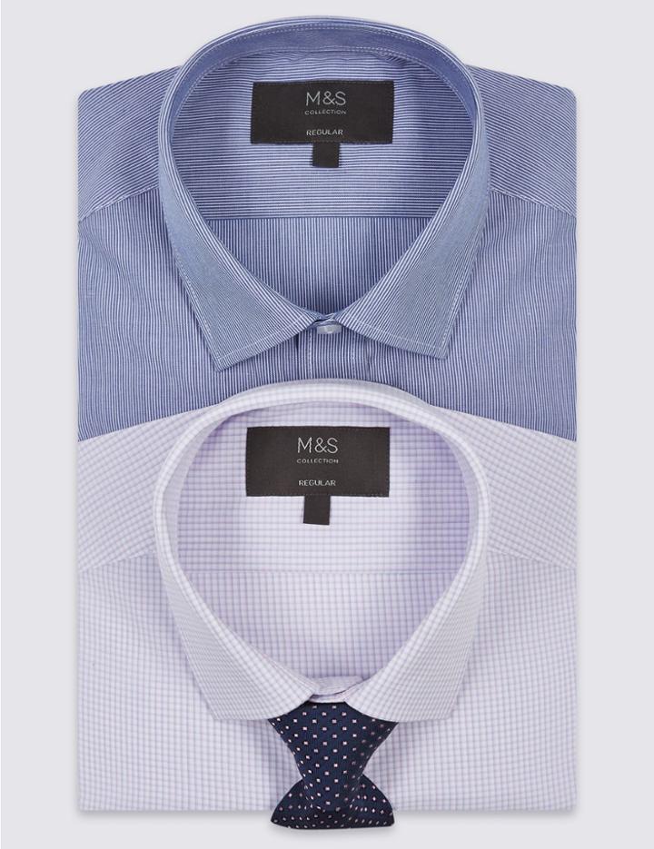 Marks & Spencer 2 Pack Cotton Blend Regular Fit Shirt With Tie Pink Mix