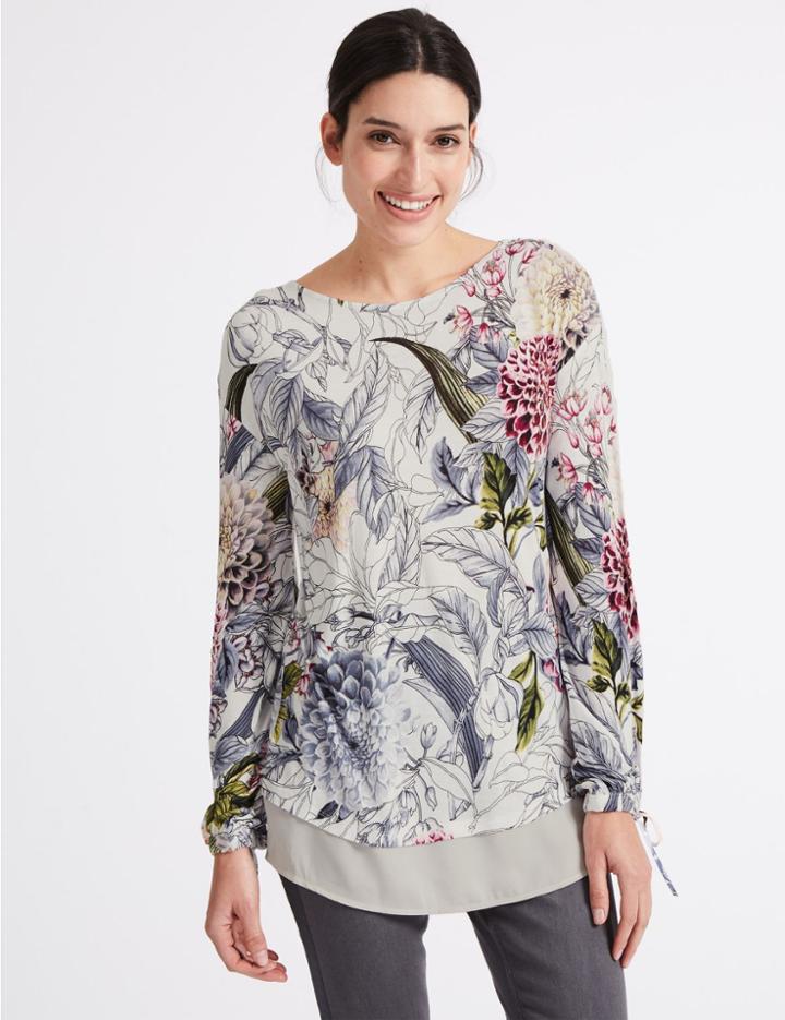 Marks & Spencer Embellished Front Floral Long Sleeve T-shirt Ivory Mix
