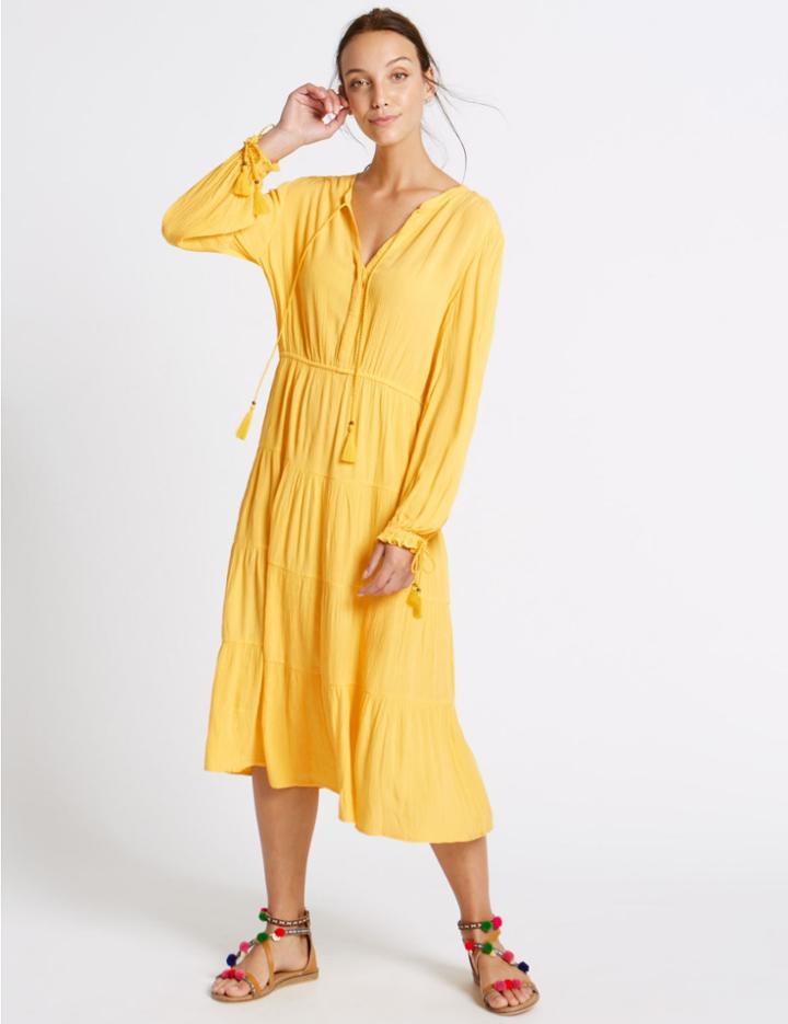 Marks & Spencer Tiered Long Sleeve Midi Dress Yellow