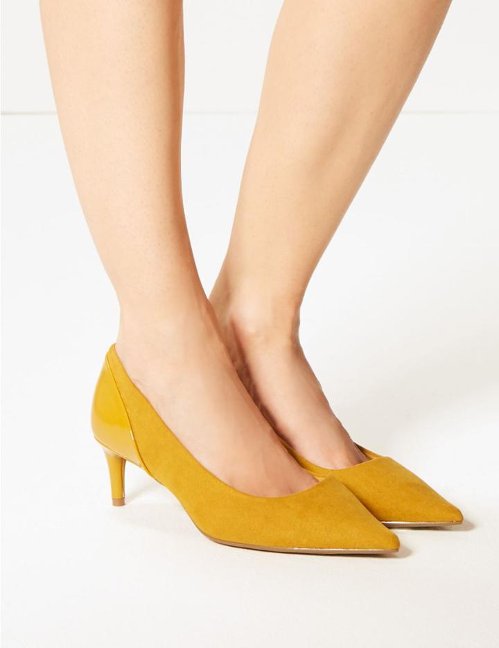 Marks & Spencer Wide Fit Kitten Heel Court Shoes Dark Ochre