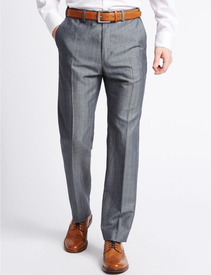 Marks & Spencer Tailored Fit Wool Blend Textured Trousers Navy Mix