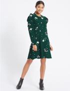 Marks & Spencer Floral Print Puff Sleeve Skater Dress Green Mix
