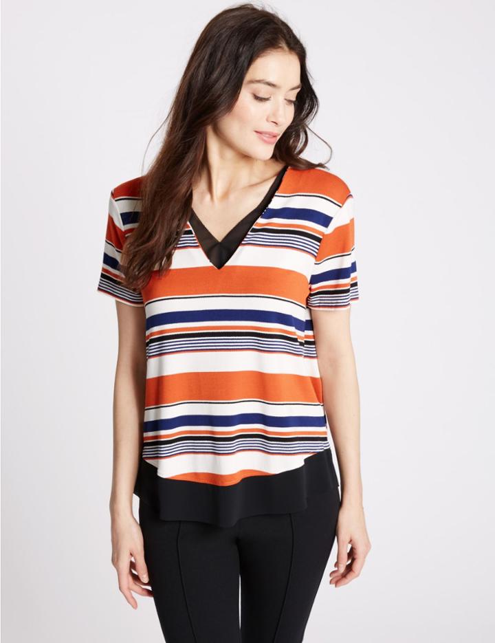 Marks & Spencer Striped V-neck Short Sleeve Jersey Top Orange Mix