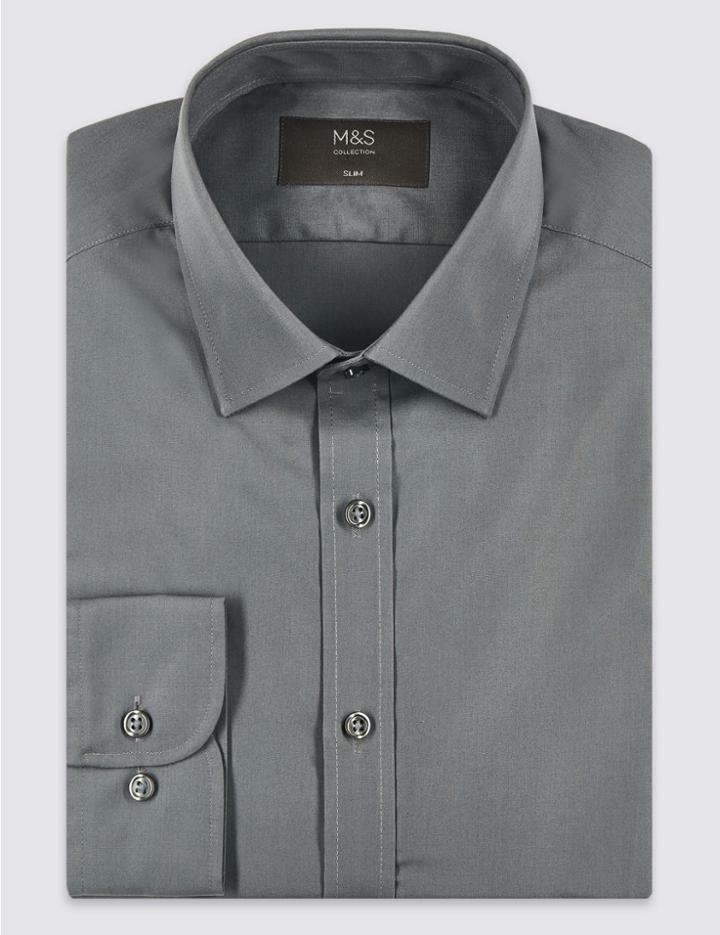 Marks & Spencer Cotton Blend Slim Fit Shirt Grey