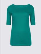 Marks & Spencer Pure Cotton Slash Neck Half Sleeve T-shirt Light Emerald