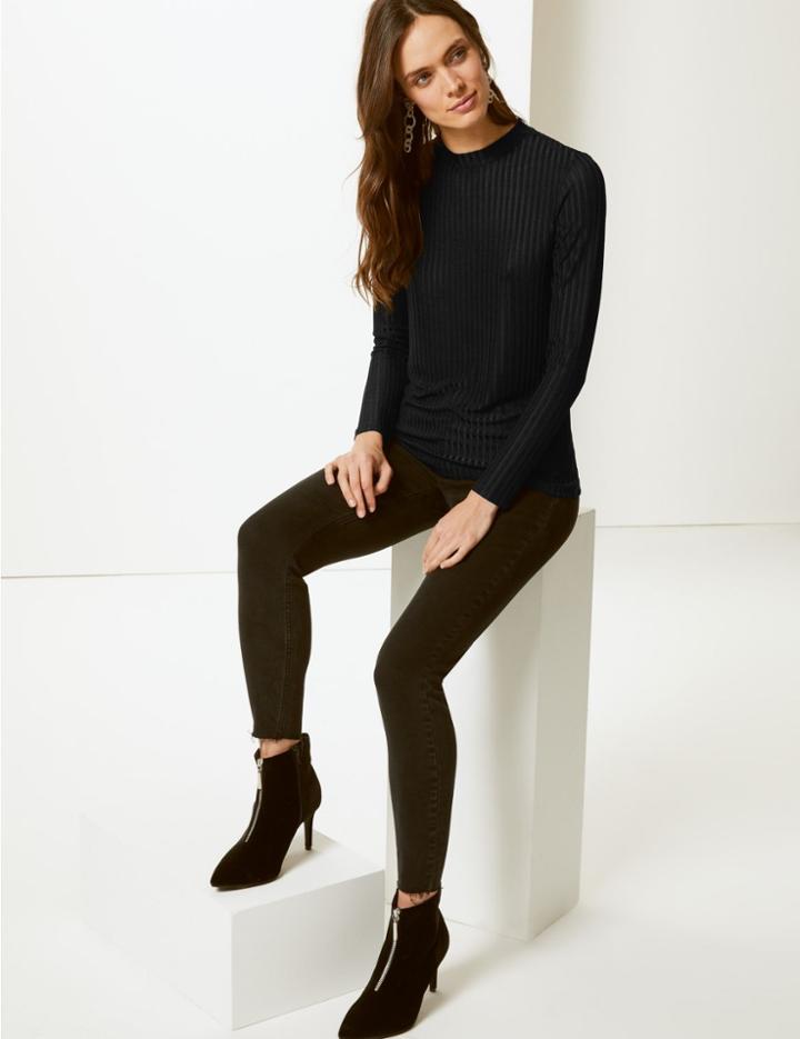 Marks & Spencer Shimmer Ribbed Round Neck Long Sleeve Top Black
