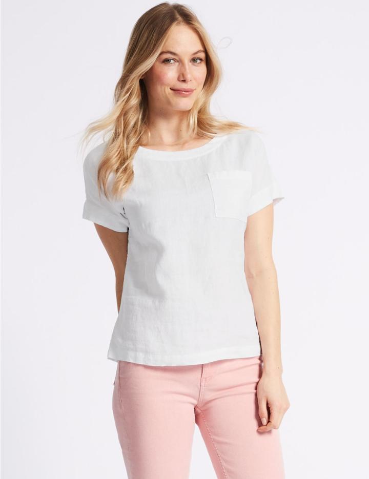 Marks & Spencer Pure Linen Round Neck Short Sleeve Blouse White