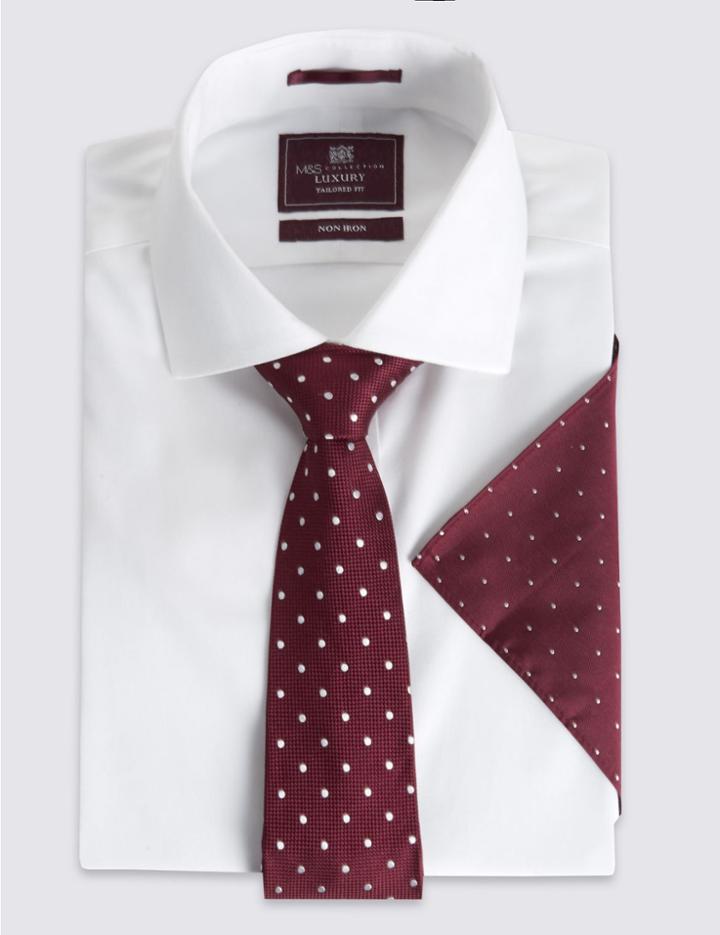 Marks & Spencer Pure Silk Spotted Tie & Pocket Square Set Burgundy Mix