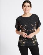 Marks & Spencer Woven Front Floral Foil Print T-shirt Black Mix