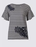 Marks & Spencer Pure Cotton Embroidered Stripe T-shirt Navy Mix