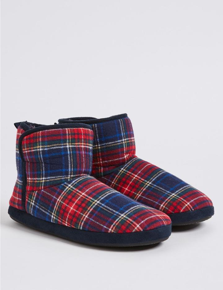 Marks & Spencer Tartan Pull-on Slipper Boots Navy Mix