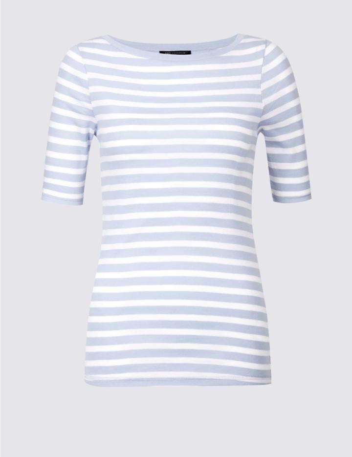 Marks & Spencer Pure Cotton Striped Half Sleeve T-shirt Chambray Mix