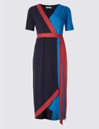 Marks & Spencer Colour Block Short Sleeve Wrap Midi Dress Navy Mix