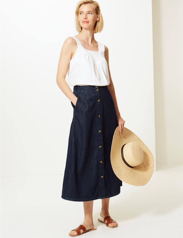 Marks & Spencer Button Detailed Denim Midi Skirt Dark Indigo