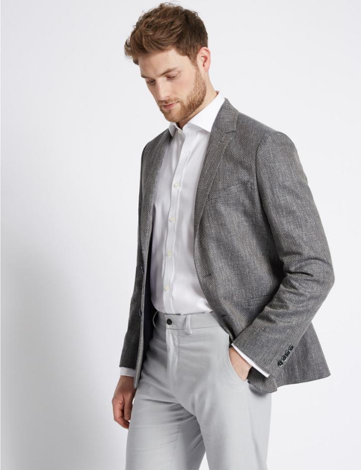 Marks & Spencer Cotton Rich Basket Weave Jacket Grey Blue